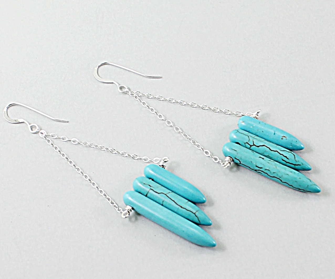 Silver turquoise earrings: spike earrings inspired by Native Americans earrings, sterling silver tribal earrings gray grey