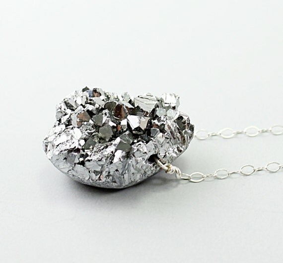 Silver necklace: amethyst druzy necklace titanium necklace drusy pendant, luxury jewelry sparkly drusy gray