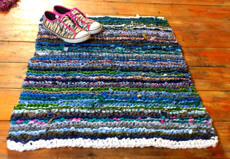 Rag Rug - Handmade Recycled Blue and Green, Knitting, Upcycled home decor.