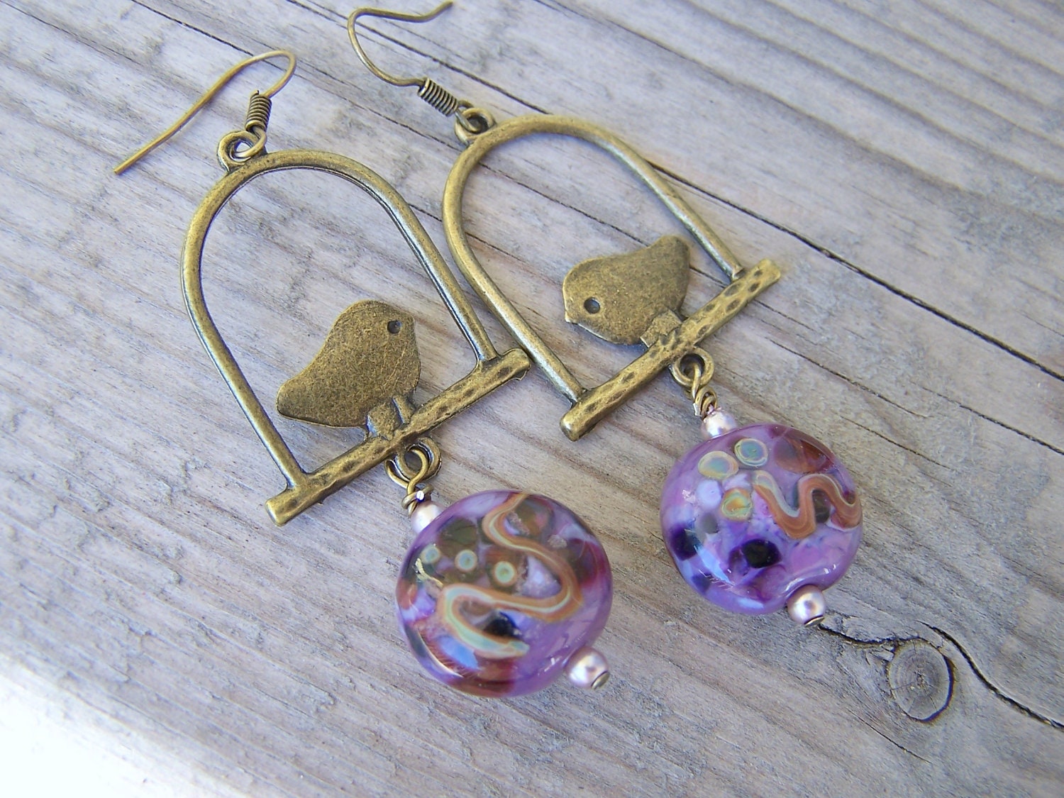 Purple Lampwork Antique Bronze Bird Dangle Earrings