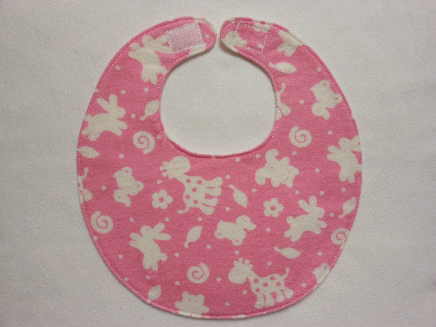 Baby Bibs, four soft layers, reversible, pink with white animals
