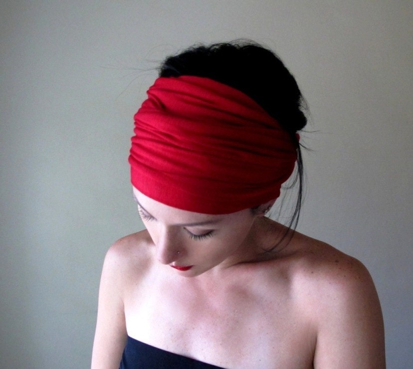 Red Head Scarf, Turban, Hair Wrap, Headband - All in One Accessory - Neck Bow, Scarf - Crimson Red Fall Fashion - EcoShag