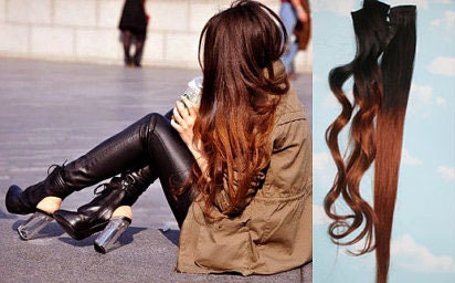 Handmade Harvest Fall Ombre Hair Extensions, Brunette Human Hair Extensions Clip, Hair Wefts, Clip in Hair, Dip Dyed Hair Extensions