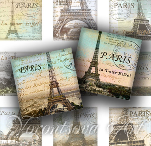 Printable sheet EIFFEL TOWER BLUE 1x1 inch Digital Collage Sheet. image for pendants magnets v3245