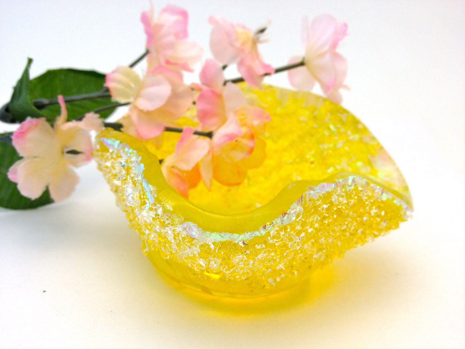 Candle Holder Fused Yellow Glass Tea Light with Pale Aqua Dichroic Glass  Interior 212