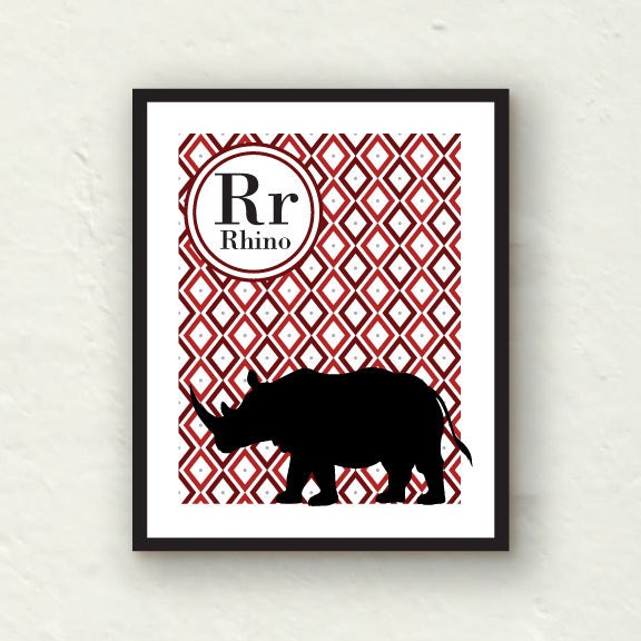 Nursery Decor - R is for Rhino - red nursery - 8x10 Graphic Art Print - PaperFinchDesign
