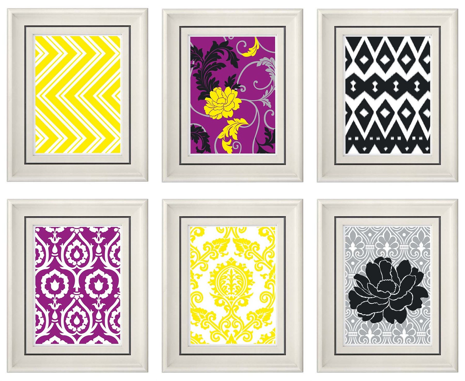 Set of Six Modern/Vintage Purple/Yellow Wall Art - 8x11 Print Set - Home Decor - For Home (Unframed)