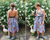 60s black blue rust floral wrap full skirt halter sundress S