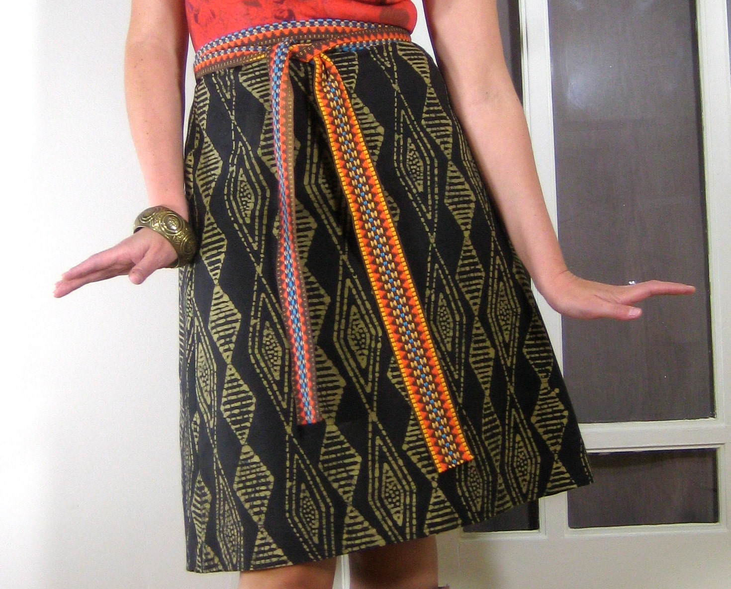 BATIK WRAP SKIRT - black, gold, yellow, geometric, stripe, triangle, vintage trim, a-line, knee length, adjustable, miss match, blue, brown