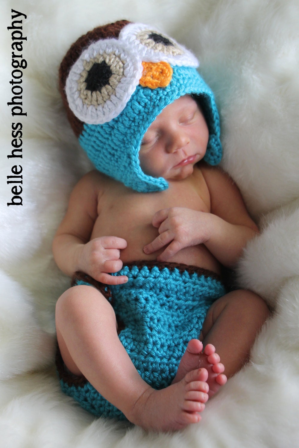Newborn Baby Boy Crochet OWL Blue n Brown Diaper Cover -n- Beanie Hat Set -- Cute Photo Prop