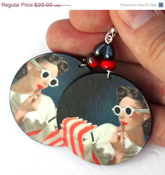 SALE Pin up girl Earrings Retro funky Round decoupage jewelry White Red stripes (11) - MADEbyMADA