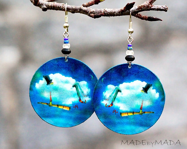 Sitting in a cloud Earrings Blue white Wearing Art 2-sided  Round Jewelry, diameter 4cm (1,57 inch) , Limited Edition