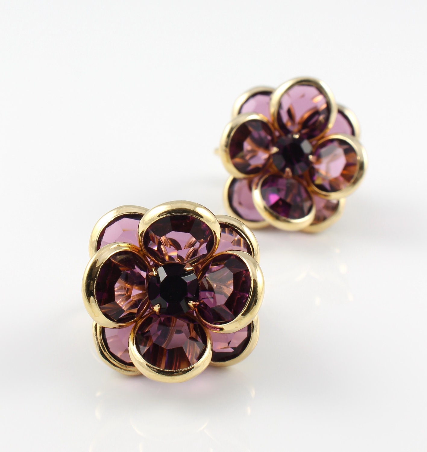 Vintage Purple Swarovski crystal earrings Flower bezel set