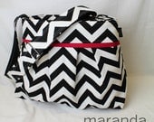Stella Chevron Diaper Bag Large  in Black Chevron and Hot Pink -Cross Body Messenger  Adjustable Strap Stroller Attachment