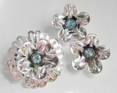 Vintage Blue Rhinestone Flower Brooch & Earrings 60s