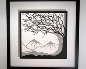 Trees Of Life Wall Art Home Décor Silhouette Paper Cutouts w/ Two Layers of Black and Grey Original Handmade Design Framed Signed OOAK