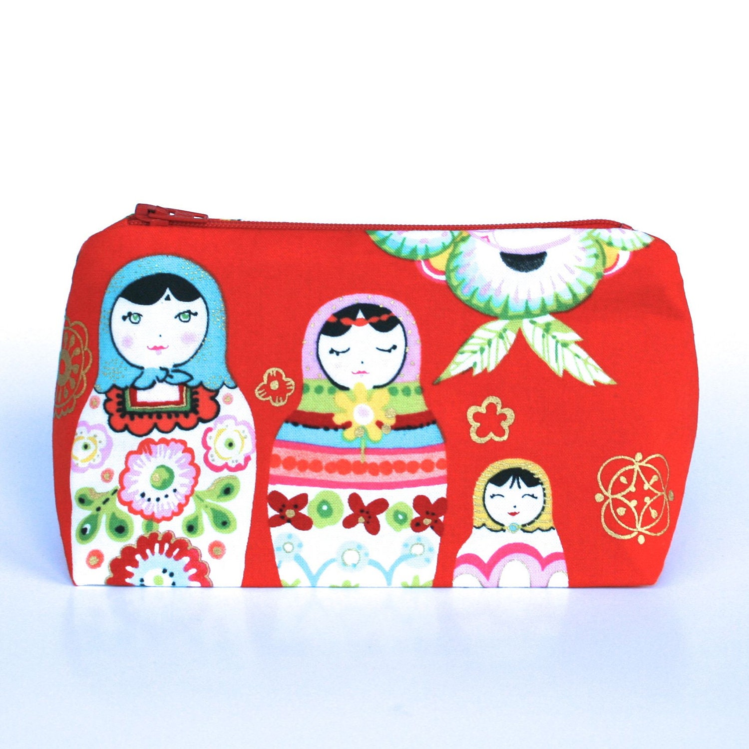 Red Makeup Bag in Matryoshka Russian Doll Cotton - Cosmetic Bag: Bridesmaid Gift, Birthday Gift, Indie Stocking Stuffer, Indie Gift for her