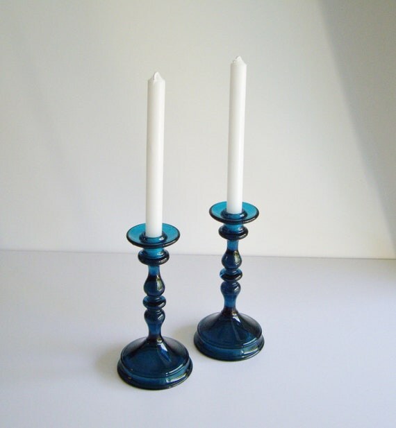 Glass Candlesticks Teal or Jasper Tiffin Pattern by Vintagerous
