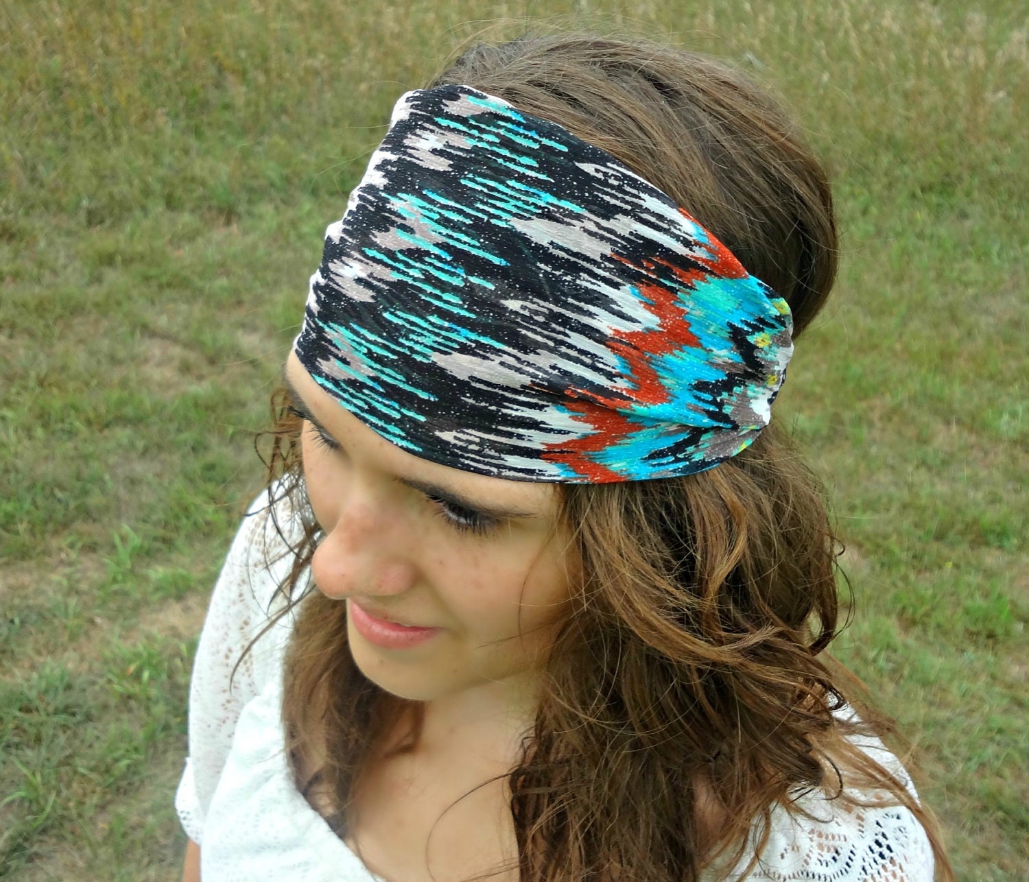 Boho Chevron Zig Zag Chiffon Head Covering, Turban, Headband