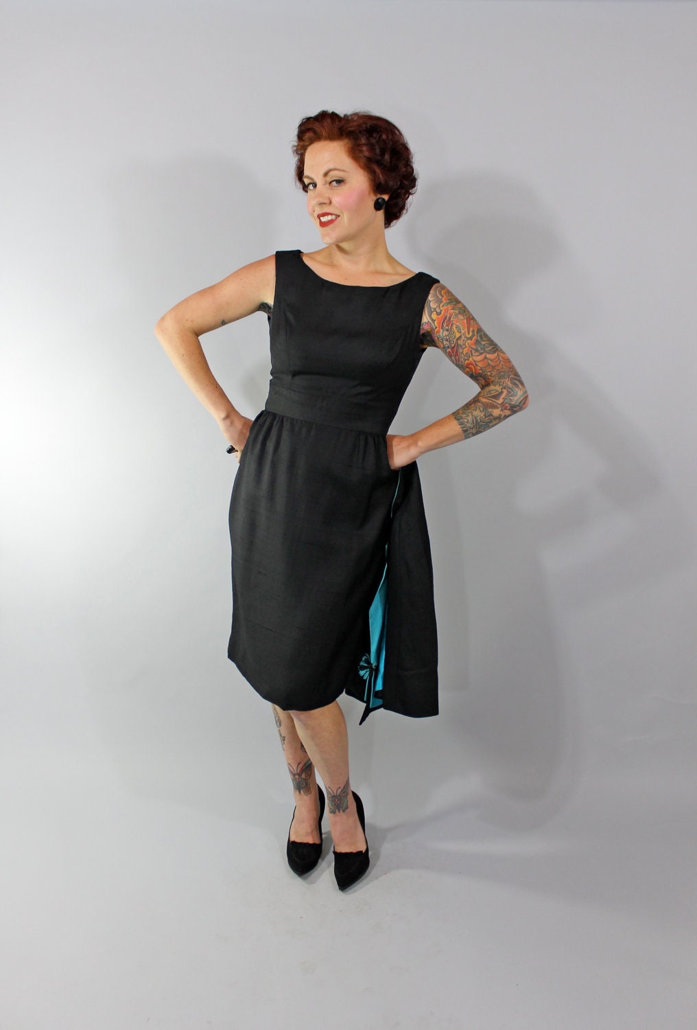 1950s Vintage Dress Set...Chic Black and Turquoise Dress with Matching Jacket Size Small