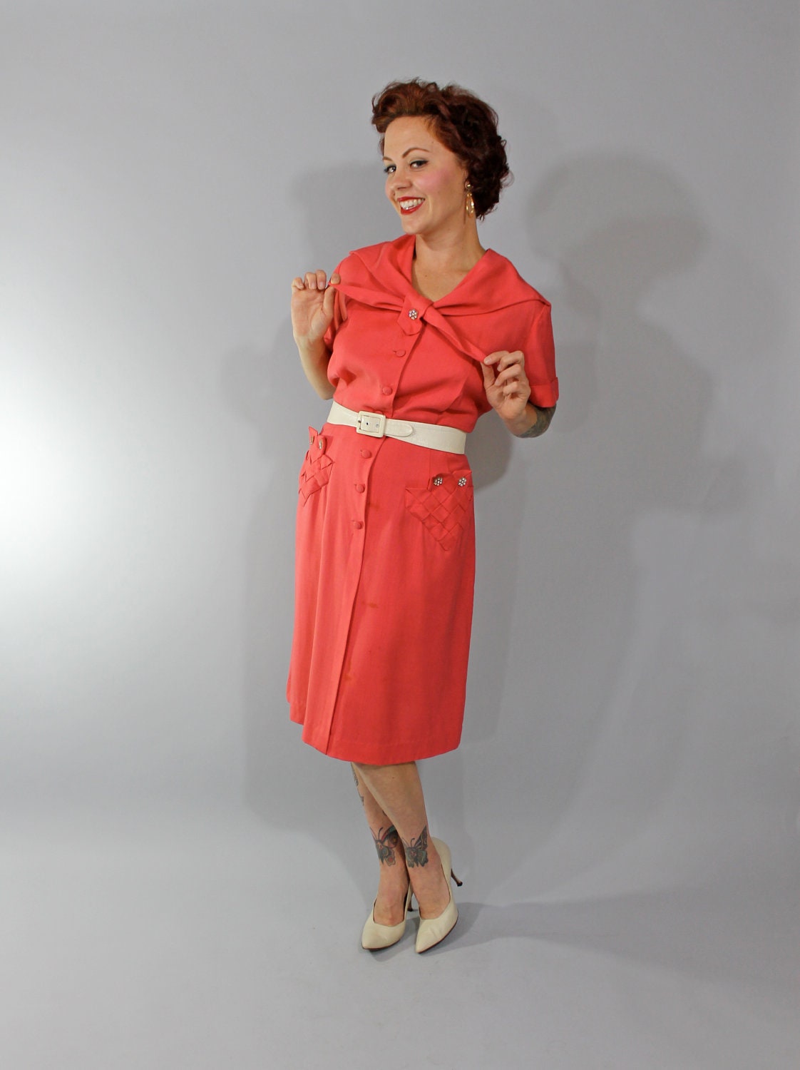 1950s Vintage Dress...Coral Shirtwaist Mad Men Fashion Office Dress with Rhinestone Buttons By Toni Todd Plus Size