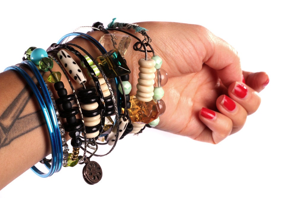 Tribal Bangle Stack Bracelets- perfect for you Gypsy Free Spirit Types, Belly Dance, Summer festivals Bohemian patina Bone beads Blue Green