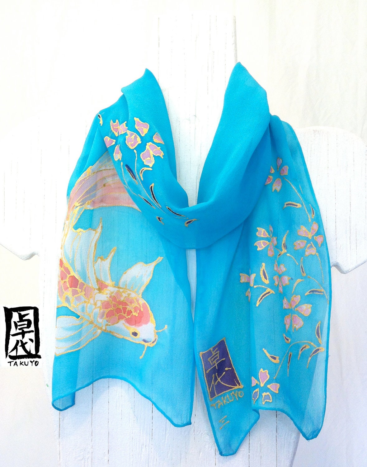 Silk Scarf. Hand Painted. Koi Scarf. Chibi Kimono Scarf. Blue Silk Scarf. Silk Chiffon. Silk Dye. 7x50 in. Made to order. - SilkScarvesTakuyo