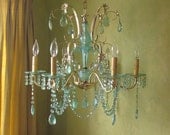 Chandelier, Aqua Aurora Borealis Crystal and Brass, One of a Kind