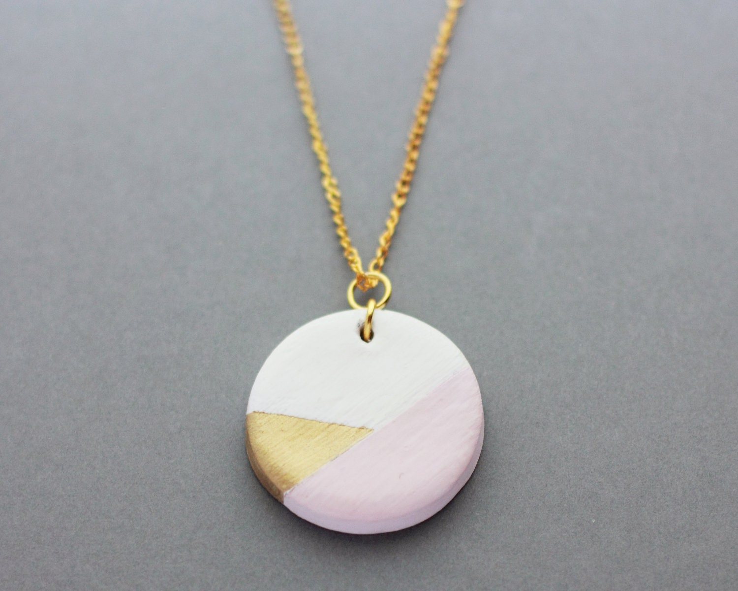 Round Geometric Clay Pendant Necklace (Pink - Gold) - Modern Handmade Jewellery