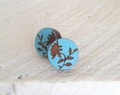 Hand Painted Peony  Wooden Studs in Sky Blue - Laser Cut Wood