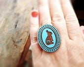 Summer Love Rabbit Cameo Ring - Hand Painted Laser Cut Wood - Sky Blue
