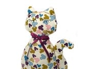 Cat doll - stuffed animal - Beige cotton with Small silhouettes of Mickey Mouse