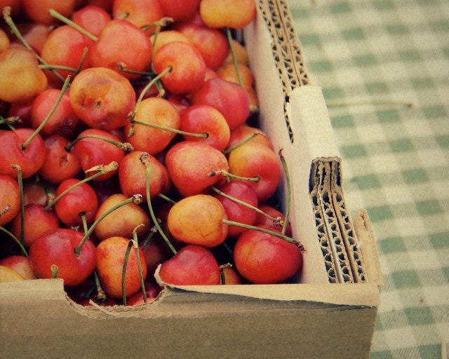 food photography, Cherry photo, kitchen prints, ruby, red orange, gold, amber, cherries, farmers market, organic, gingham, 8x10