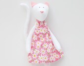 White cat plush toy- cute kitten doll in pink dress- stuffed animal toy,softie cat handmade animal doll- gift for girls and cat lovers