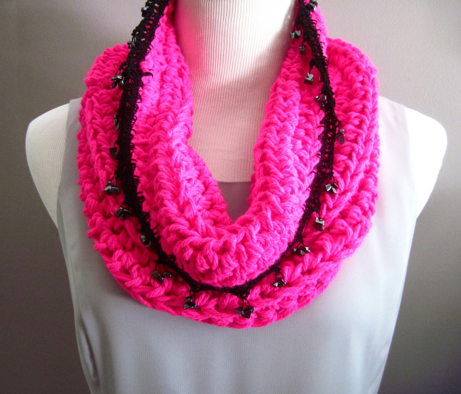Chunky Bulky Crochet Cowl:  Hot Pink & Black Trimmed with Semi-Precious Bead Stones