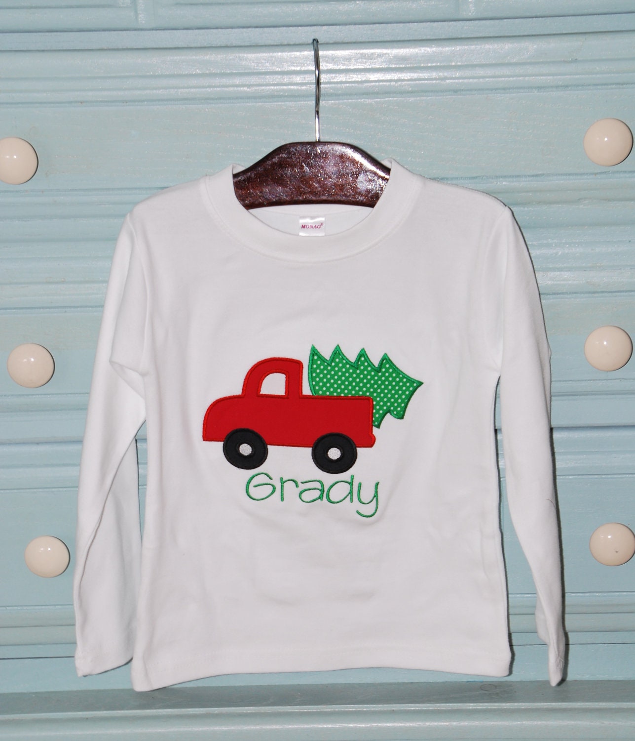 Custom boutique personalized appliqued monogrammed Christmas Tree Pickup Truck name t shirt tshirt tee boys girls long sleeve short sleeve