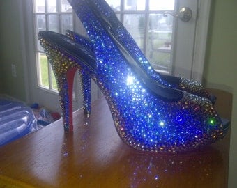 Custom handmade genuine swarovski peep toe slingback  crystal handmade shoes in Meridian Blue