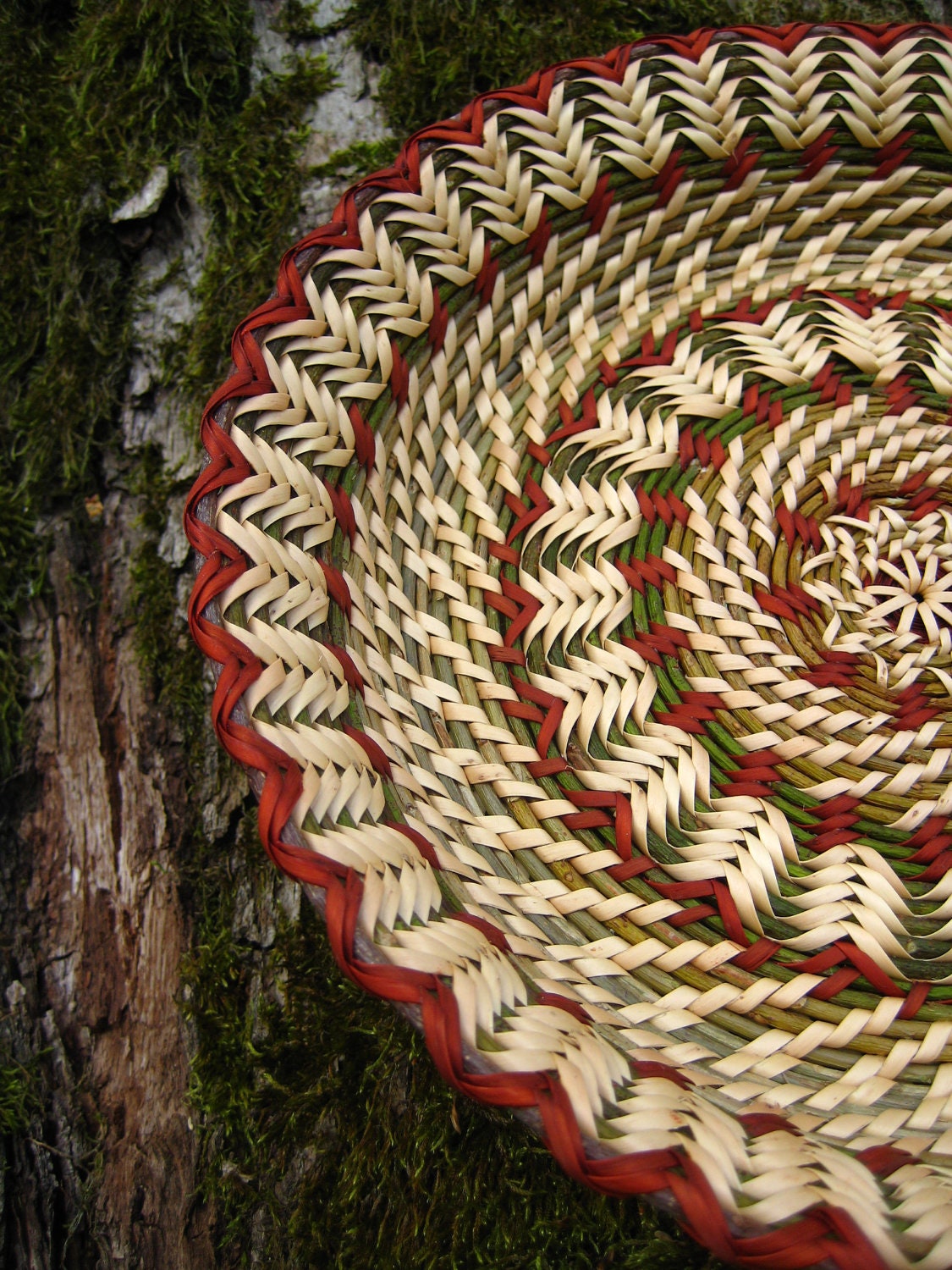 Handwoven wicker plate. Rustic interior home decor. Eco friendly gift. Ethnic table decor. Green and mahogany red Forest Mandala.