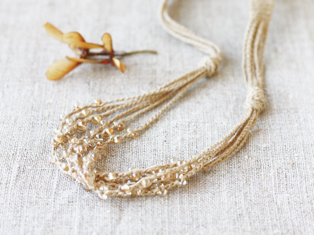 Beige necklace Neutral Natural jewelry Tan linen necklace with glass beads Rustic fashion Gift for her under 25 Multi strand ohtteam
