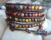 Chan luu inspired beaded leather wrap bracelet .Wrap Bracelet, Picasso Jasper beads  and brown Leather.Unisex.Women.Man.