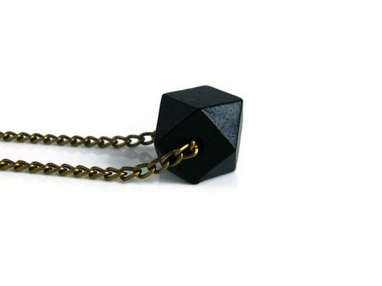 Wooden Necklace Geometric Jewelry Black Faceted Pendant with brass chain Boho Minimalist Necklace