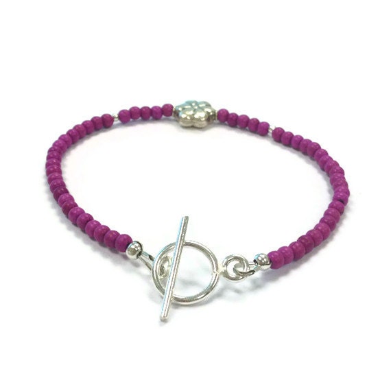 Pink Bracelet Turquoise Gemstone Jewellery Sterling Silver Jewelry Fuschia Magenta Flower Layer Stack Thin Skinny Fashion B-287 288
