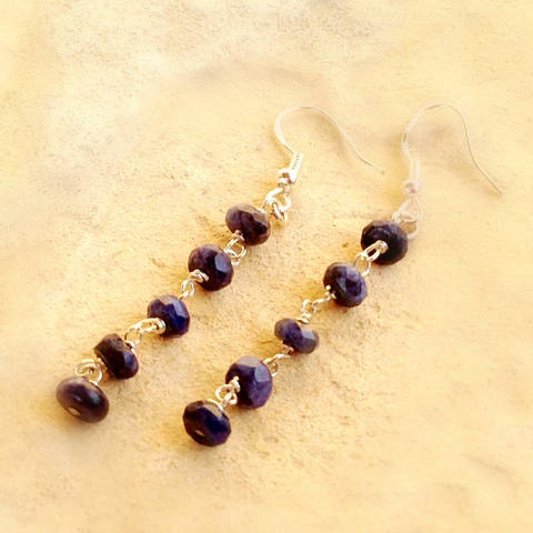 Blue Sapphire Earrings Sterling Silver Jewelry Dangle Jewellery Gemstone Wire Wrapped Fashion Vogue Elegant Navy