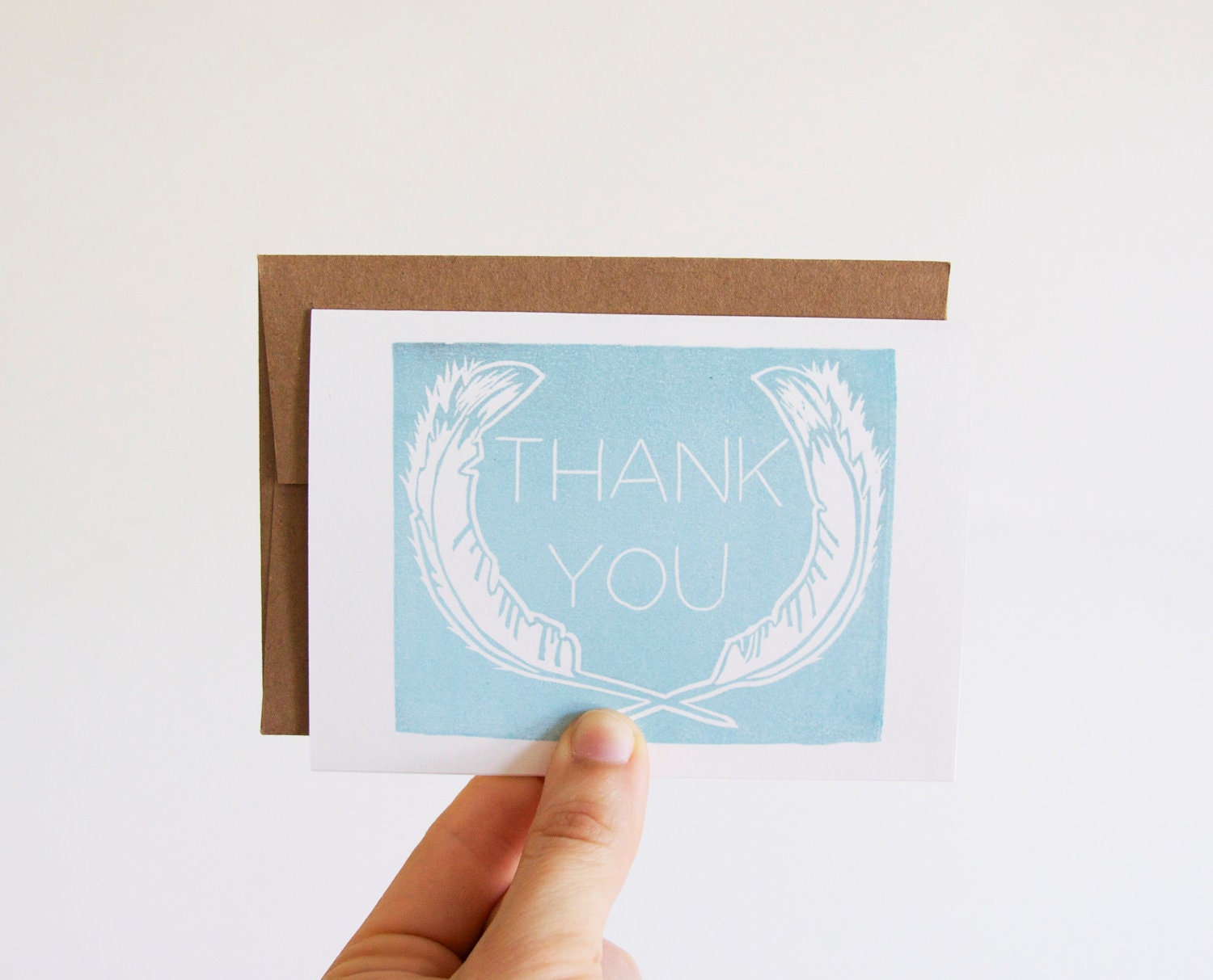 Feather Thank You cards, sky blue, folded 4bar notecards