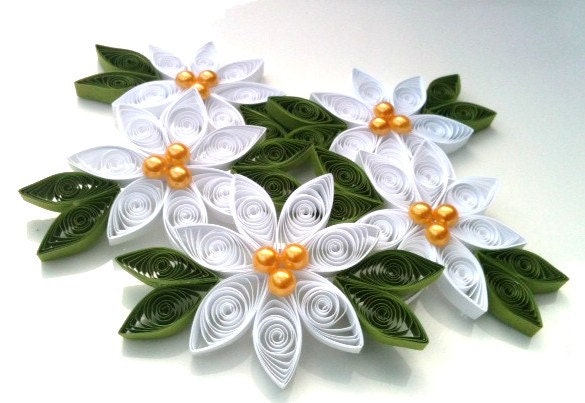 White Wedding Flower Ornament Paper Quilled - Pearl Centers