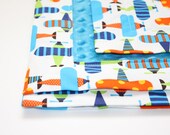 Baby Blanket - 100% Organic Cotton Fabric - Ready, Set, Go Airplanes with Dark Turquoise Dot Minky (30 X 32)- Personalization Available