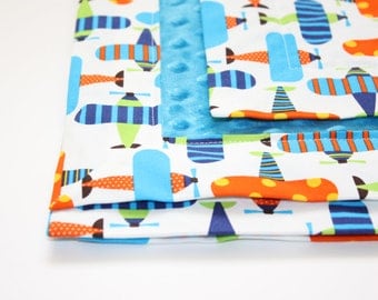 Baby Blanket - 100% Organic Cotton Fabric - Ready, Set, Go Airplanes with Dark Turquoise Dot Minky (30 X 32)- Personalization Available