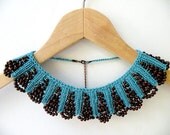 Hand Knit Teal Blue Necklace Collar with Brown Wood Beaded