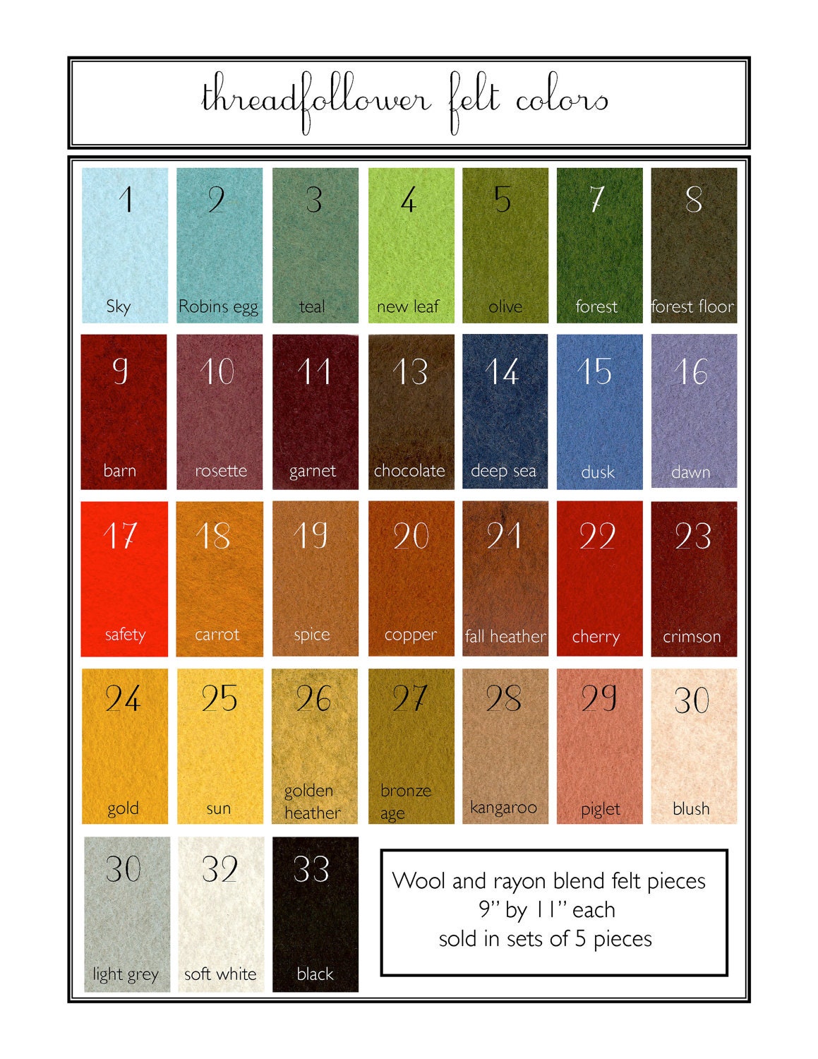Set of 5 sheets of 9" by12" wool felt