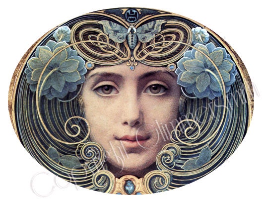 Art Nouveau - digital collage sheet jeweled woman aqua gems single image 30x40mm, 40x30 horizontal oval single printable SI010033